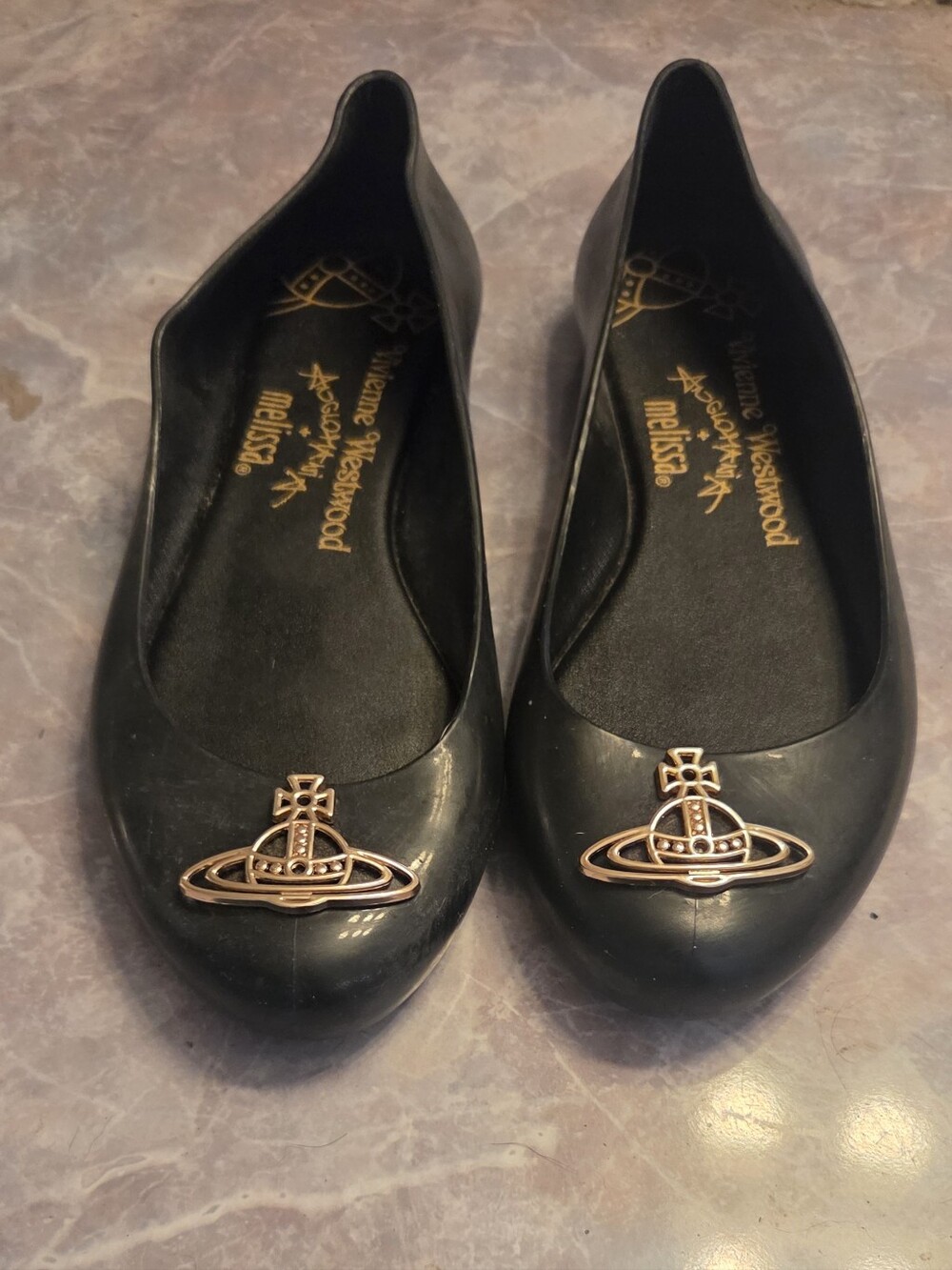 Vivienne Westwood Black Ballet Flats with Gold Orb Emblem